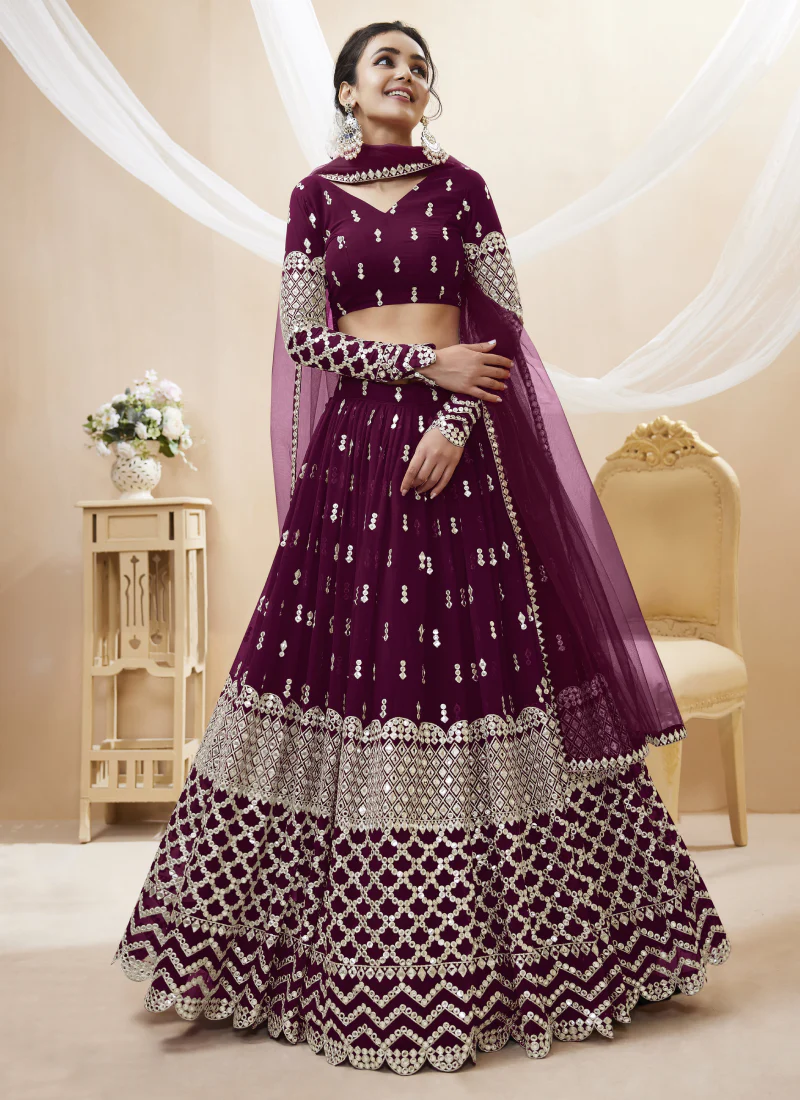 Wine Zari Embroidered Georgette Lehenga Choli For Sangeet - Image 2