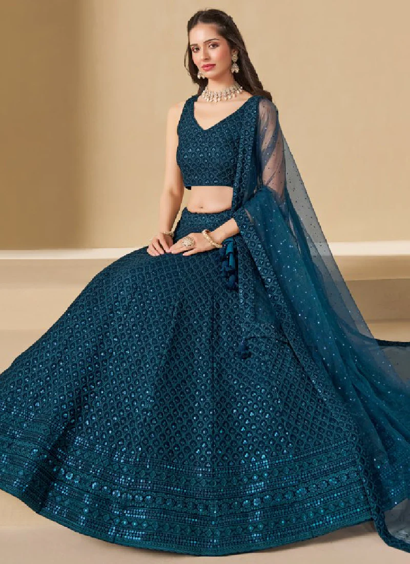 Wonderful Georgette Sequence Work Teal Blue Lehenga Choli For Women - Image 5