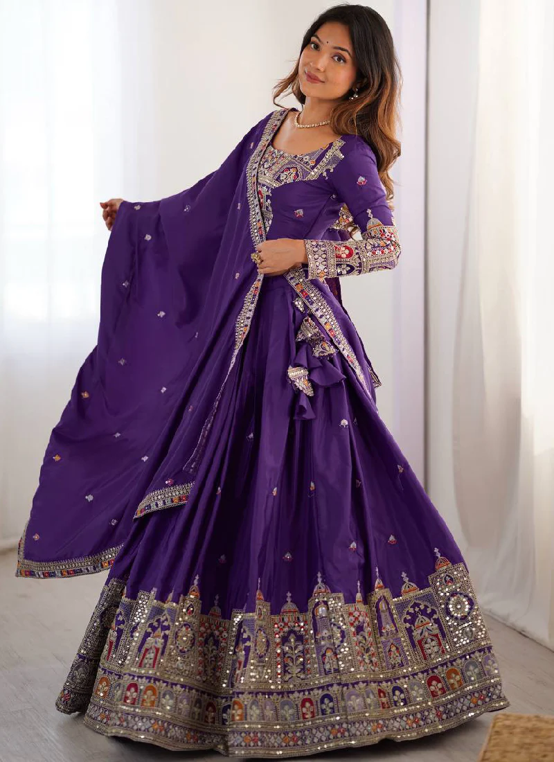 Wonderful Purple Thread Embroidery Work Silk Lehenga Choli For Women - Image 4