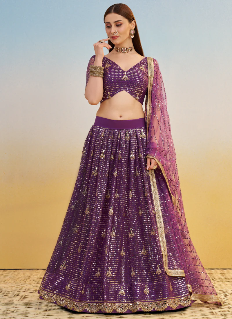 Wonderful Zari Sequence Embroidery Work Dark Purple Net Lehenga Choli - Image 5
