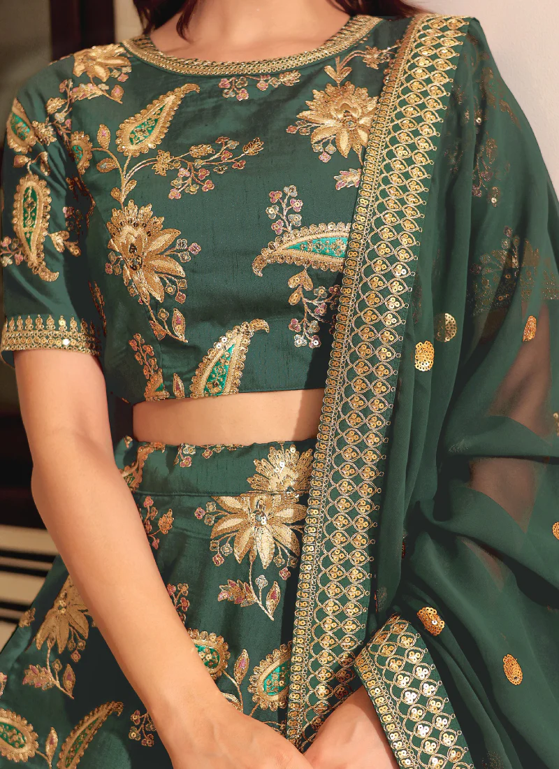 Zari Embroidered Art Silk Bottle Green Mehndi Wear Lehenga Choli Set - Image 8