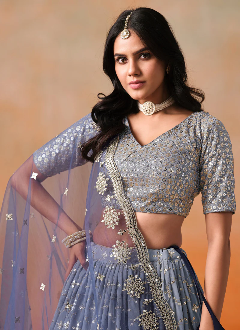 Zari Embroidered Georgette Bridesmaid Navy Blue Shaded Lehenga Choli - Image 2