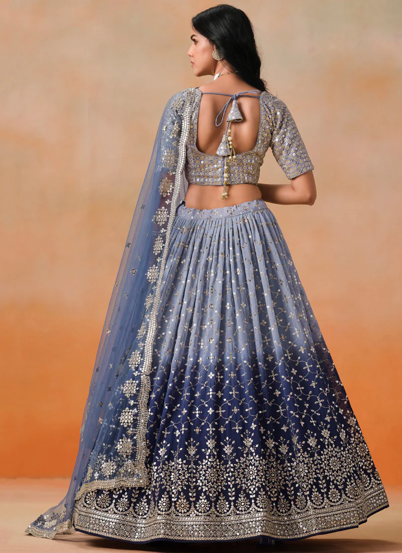 Zari Embroidered Georgette Bridesmaid Navy Blue Shaded Lehenga Choli - Image 5