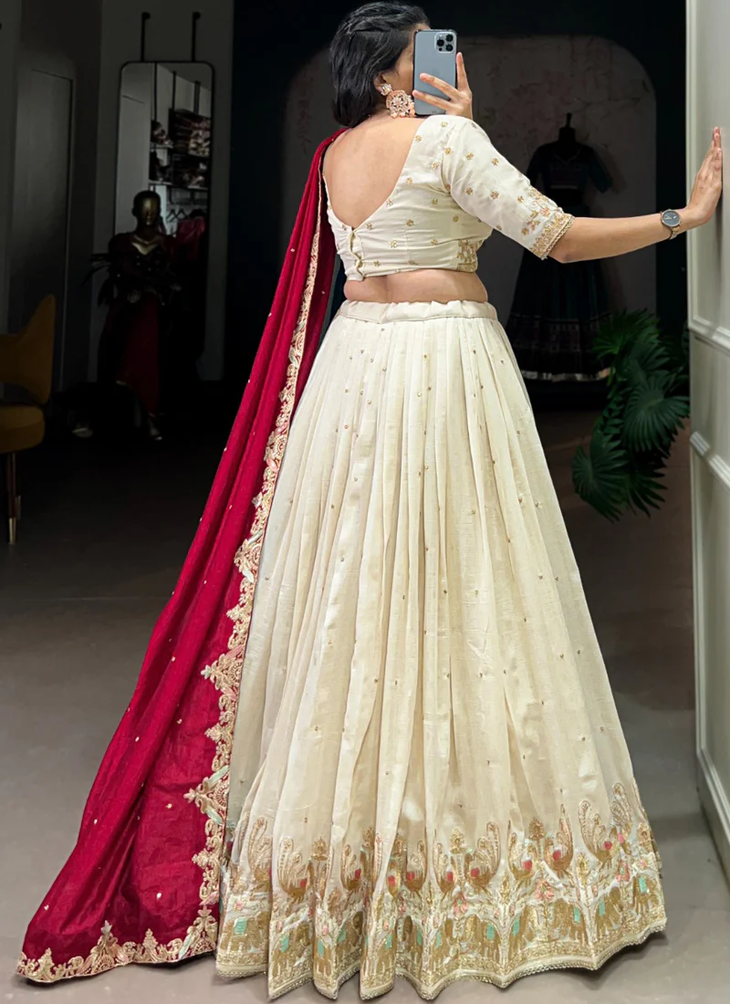 Zari Embroidered Vichitra Silk Off White Wedding Wear Lehenga Choli - Image 4