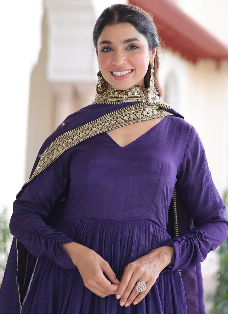 Zari Embroidered Vichitra Silk Wedding Wear Royal Blue Anarkali Gown - Image 2