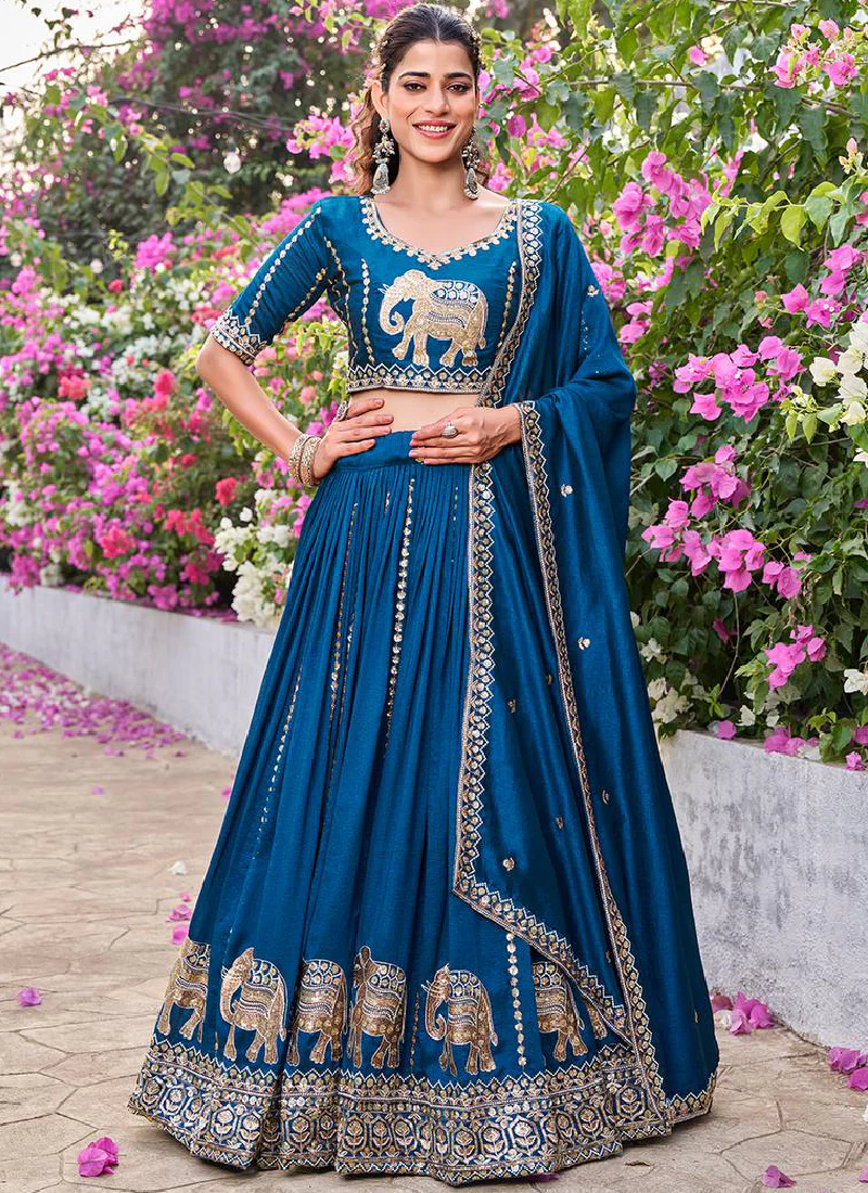 Zari Embroidered Wedding Wear Vichitra Silk Blue Lehenga Choli Set