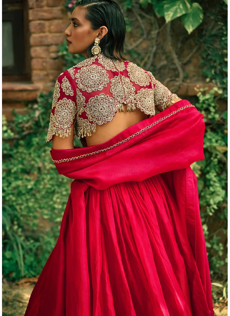 Zari Embroidery Work Roman Silk Reception Wear Red Lehenga Choli Set - Image 4