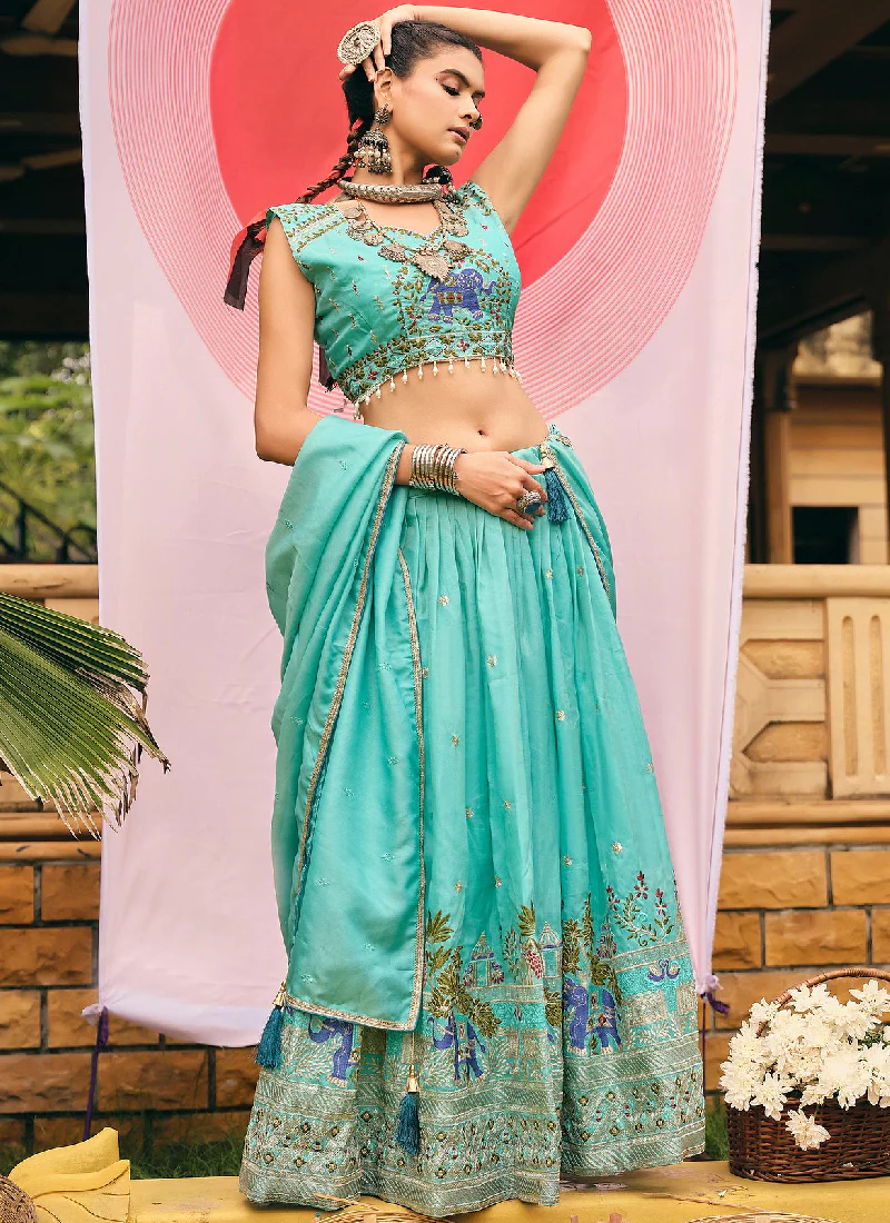Zari Embroidery Work Shimmer Silk Sky Blue Lehenga Choli For Women - Image 4