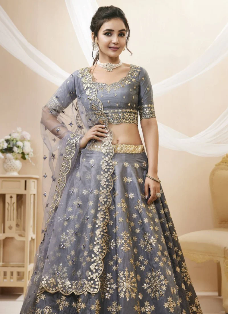 Zari Mirror Work Mulberry Silk Grey Designer Lehenga Choli - Image 4