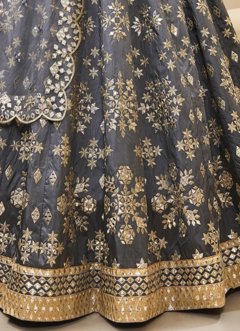 Zari Mirror Work Mulberry Silk Grey Designer Lehenga Choli - Image 6