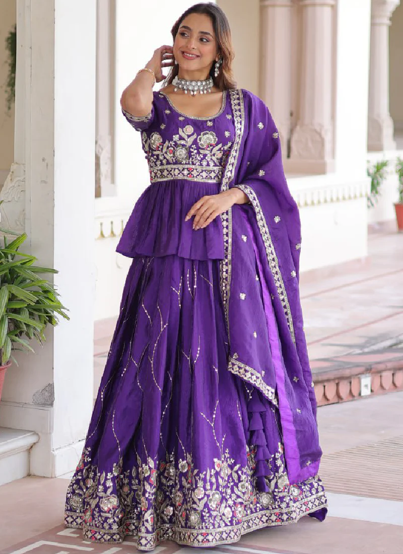 Zari Thread Work Gold Crush Purple Lehenga With Peplum Top For Women - Image 4