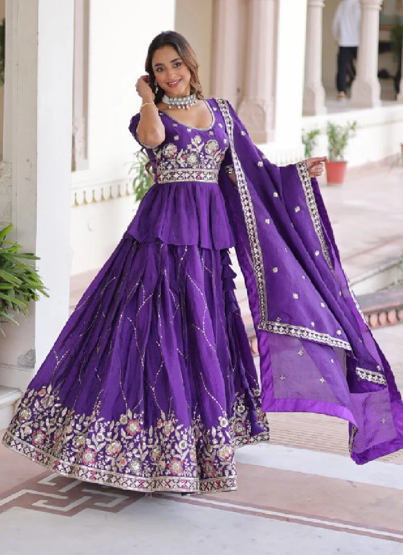 Zari Thread Work Gold Crush Purple Lehenga With Peplum Top For Women - Image 9