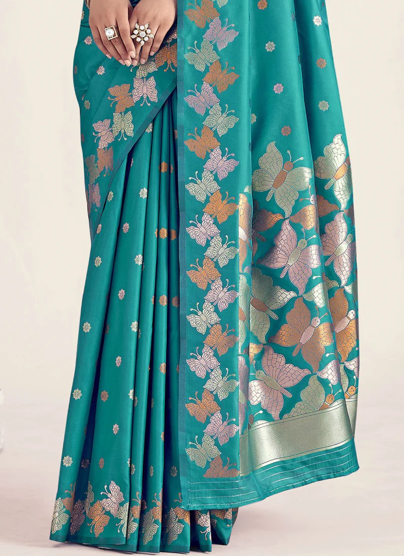 Zari Weaving Banarasi Silk Turquoise Blue Party Wear Indian Saree - Image 4