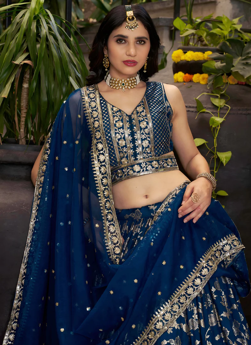 Zari Weaving Embroidered Jacquard Silk Dove Blue Lehenga Choli Set - Image 2