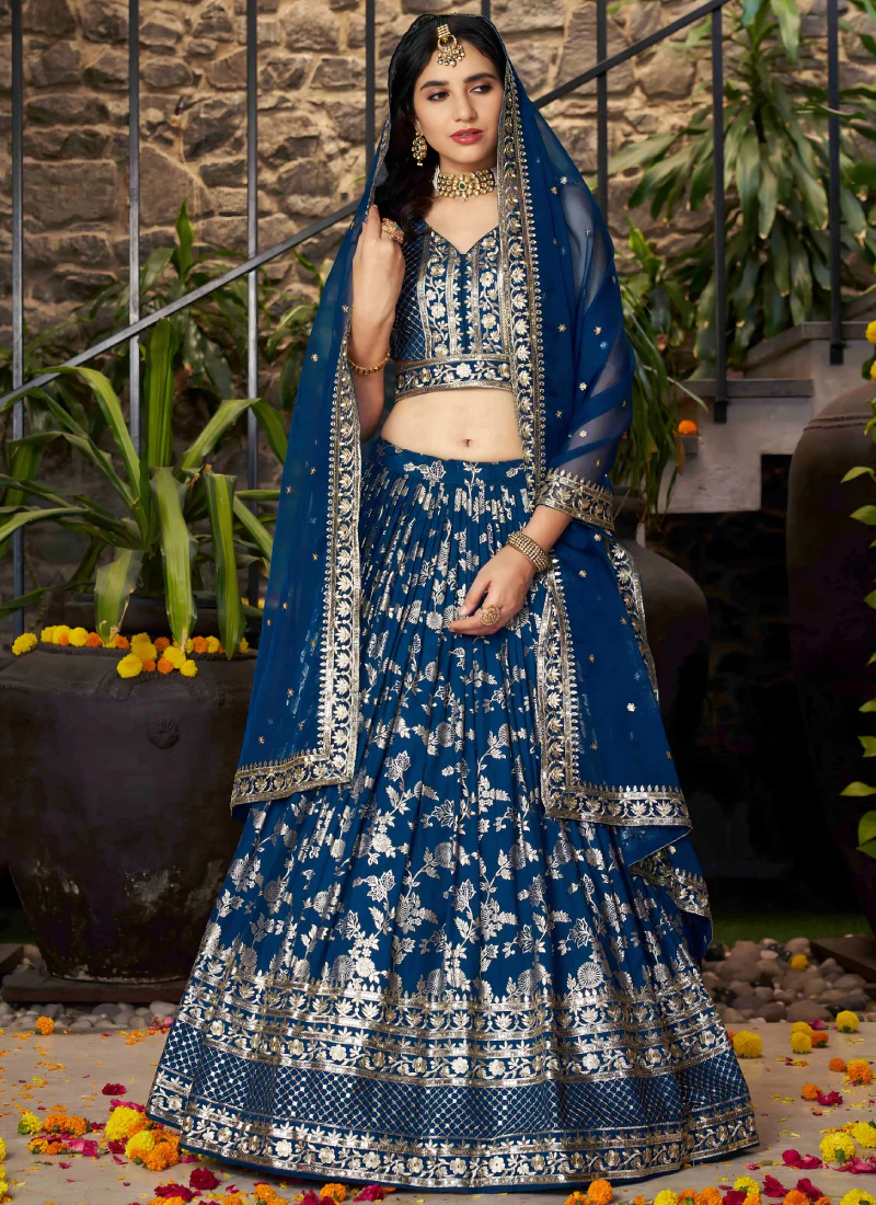 Zari Weaving Embroidered Jacquard Silk Dove Blue Lehenga Choli Set - Image 3