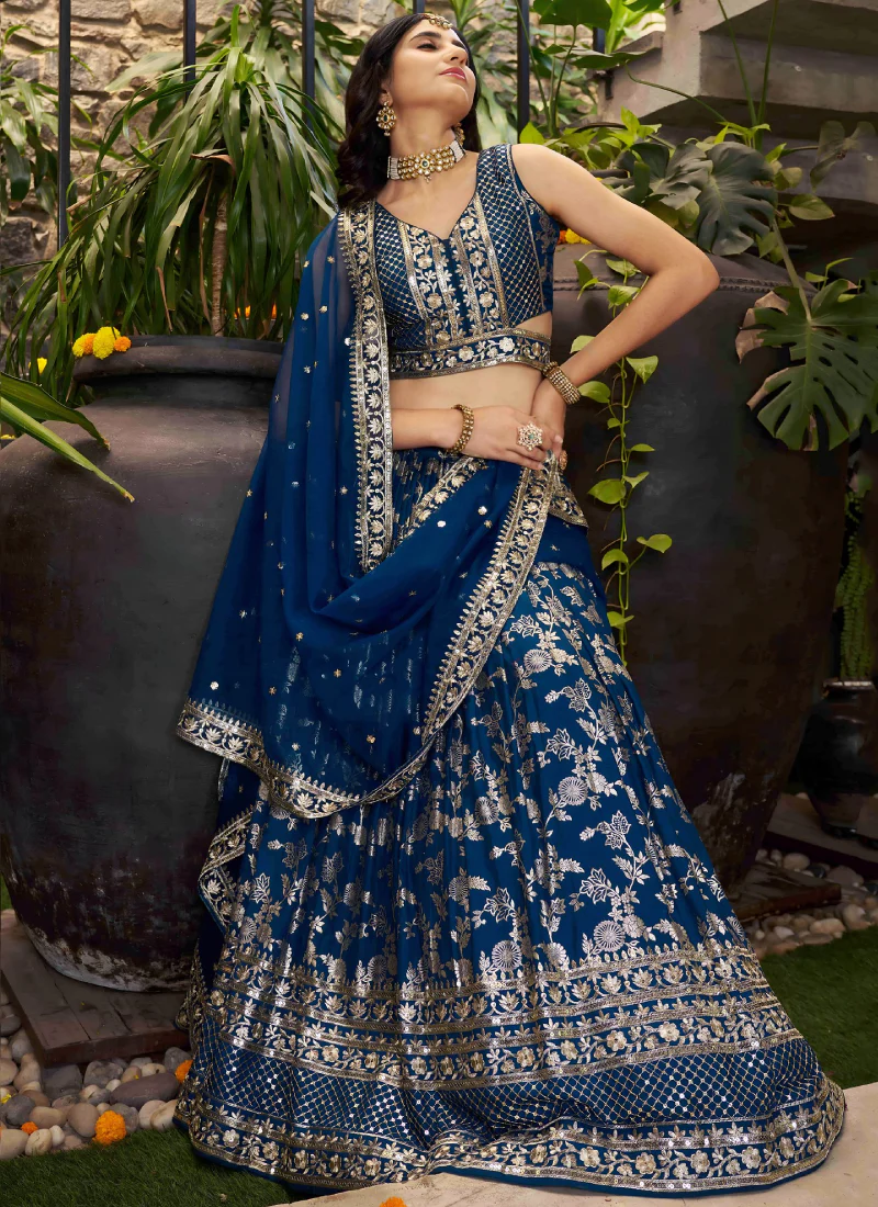 Zari Weaving Embroidered Jacquard Silk Dove Blue Lehenga Choli Set - Image 4