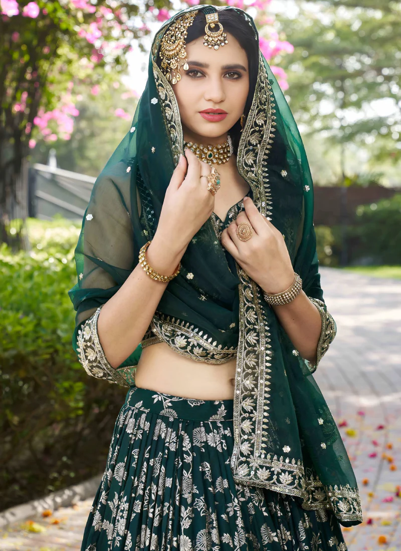 Zari Weaving Sequence Embroidered Dark Green Silk Lehenga Choli Set - Image 2