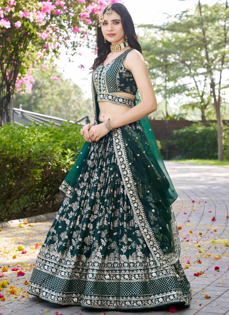 Zari Weaving Sequence Embroidered Dark Green Silk Lehenga Choli Set - Image 4