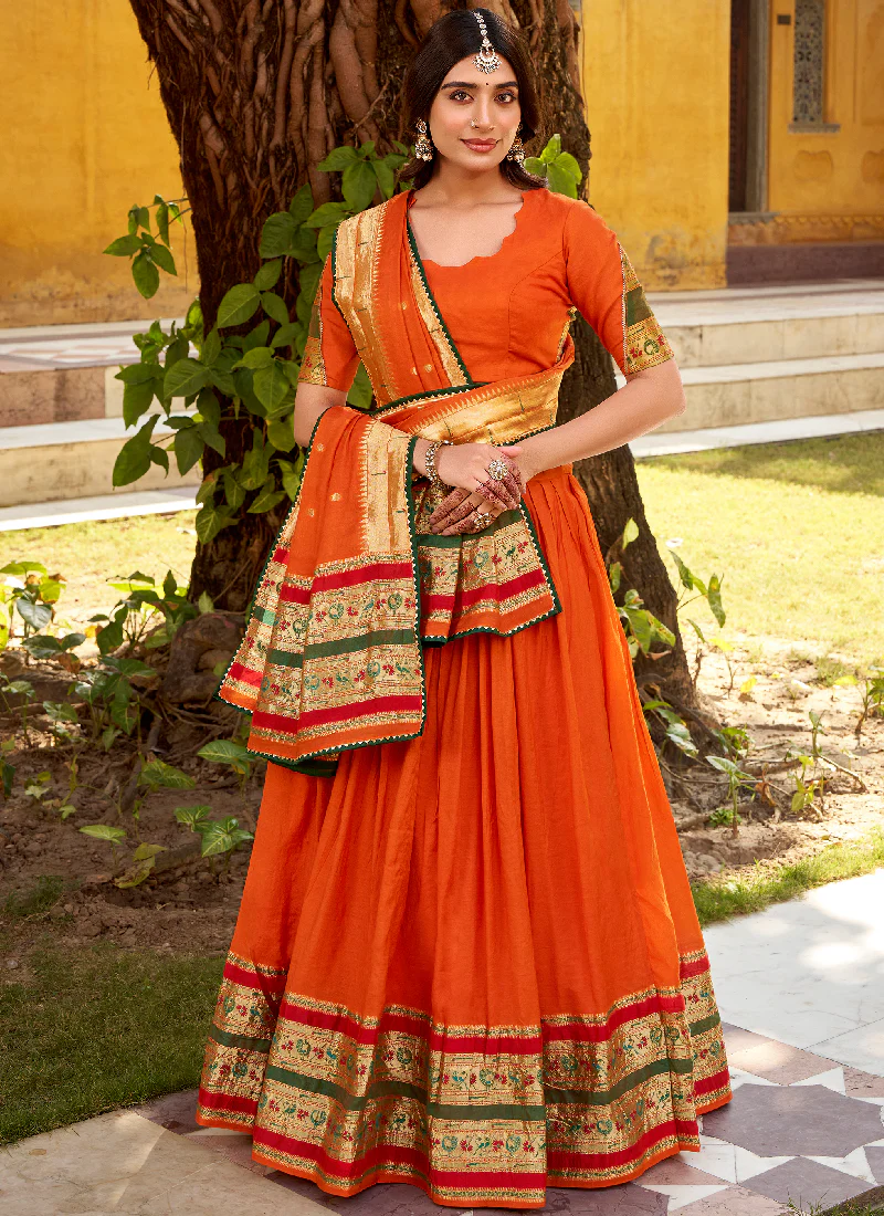 Zari Weaving Work Chanderi Silk Wedding Wear Orange Lehenga Choli - Image 4